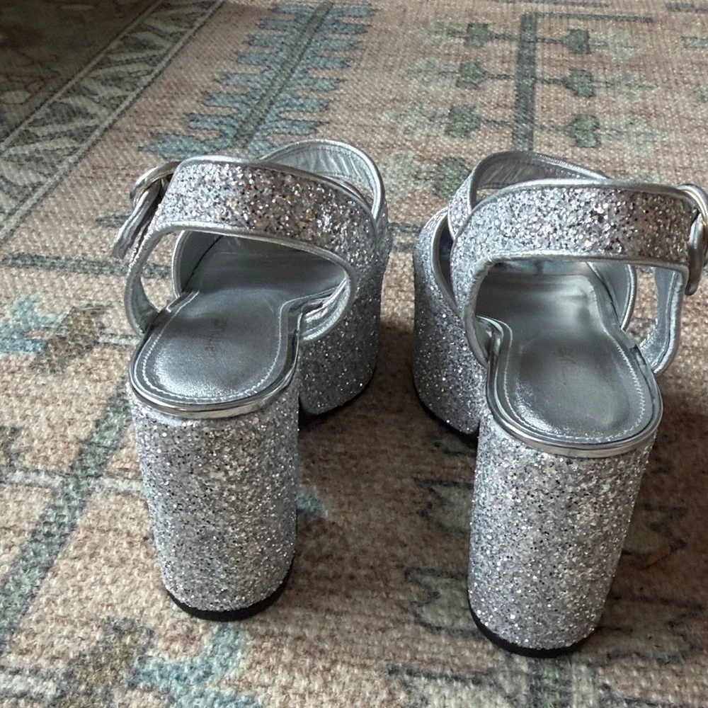 Larroudé Miso Platform Strap Sandals Glitter Silver | Size 8 - Picture 6 of 9